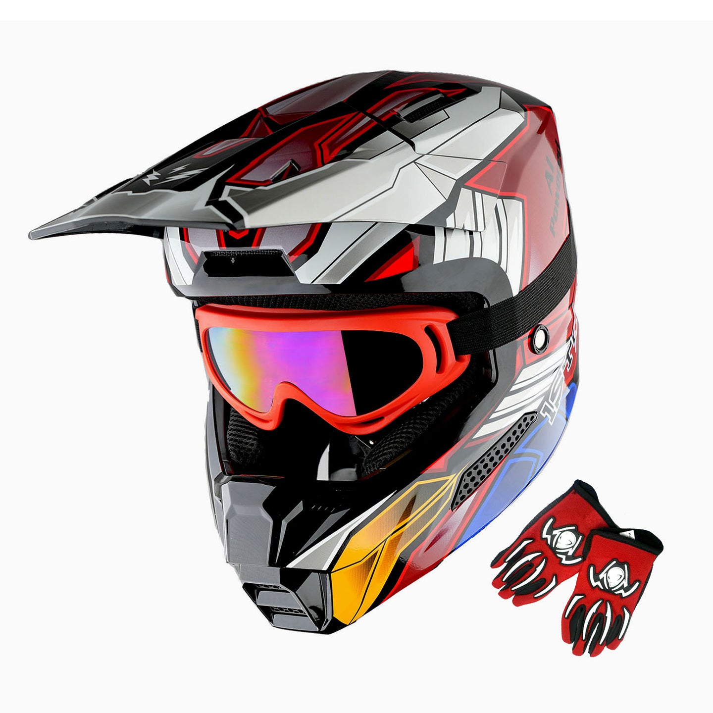 1Storm New Youth Kids BMX MX Bike Helmet Motocross Helmet Teenager T602 + Goggles + Gloves Bundle