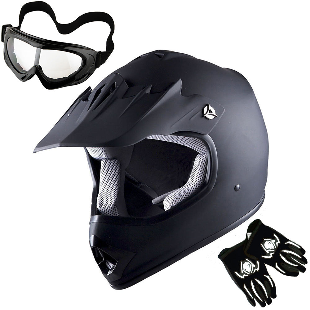 WOW Youth Motocross Helmet Kids Motorcycle Helmet HBOY + Goggles + MG Youth Glove Bundle