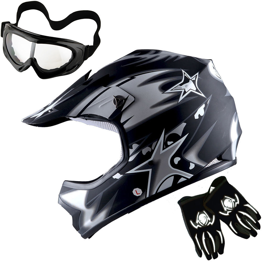 WOW Youth Motocross Helmet Kids Motorcycle Helmet HBOY + Goggles + MG Youth Glove Bundle