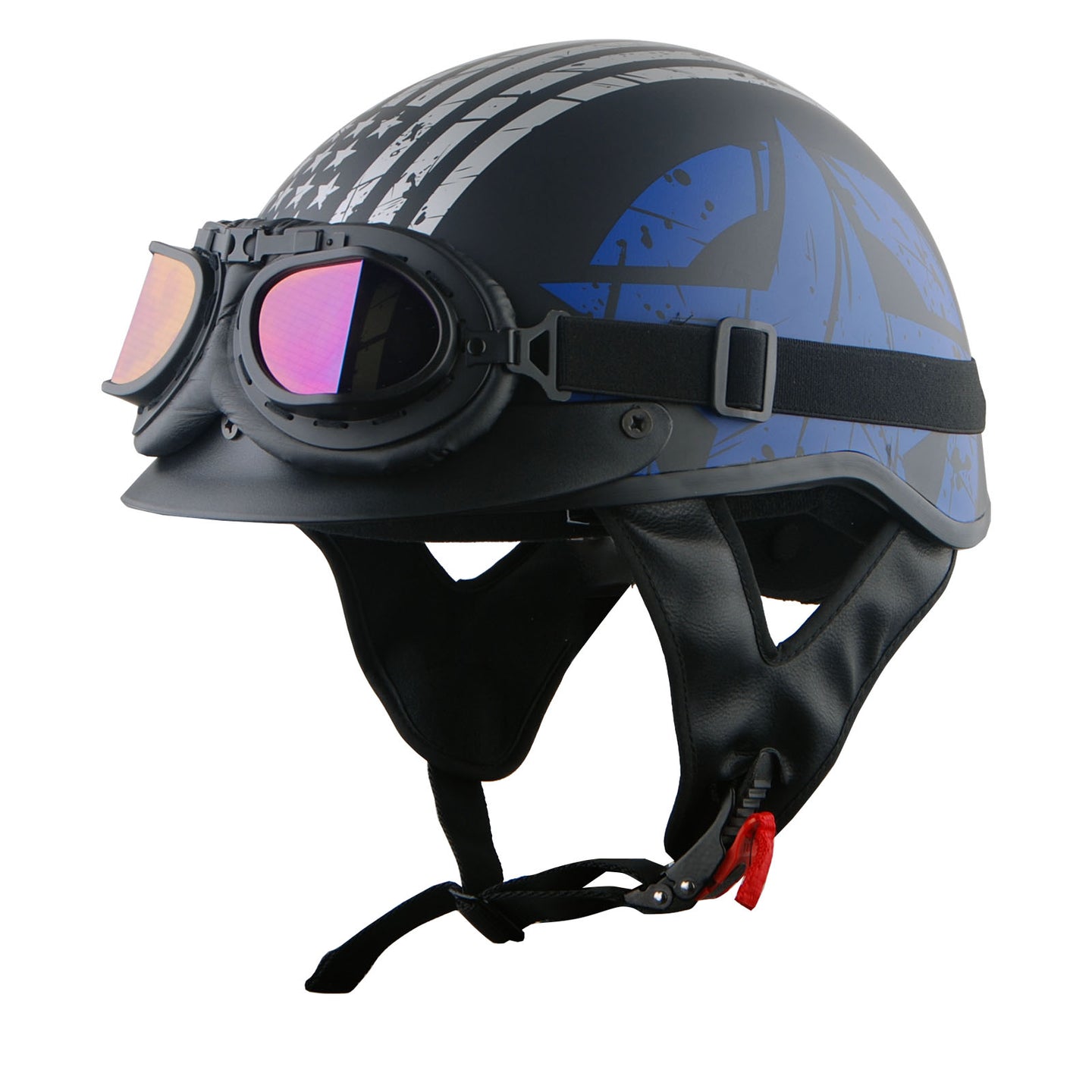 1Storm Motorcycle Half Face Helmet Mopeds Scooter Pilot with retractable Inner Smoked Visor, HKY205V + T008 Black Tinted Goggle Bundle