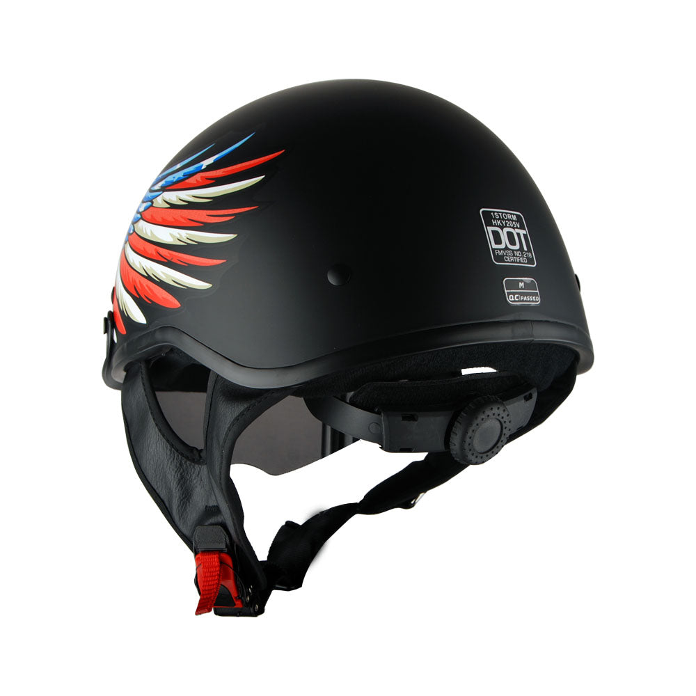 1Storm Motorcycle Half Face Helmet Mopeds Scooter Pilot with retractable Inner Smoked Visor, HKY205V + T008 Black Tinted Goggle Bundle