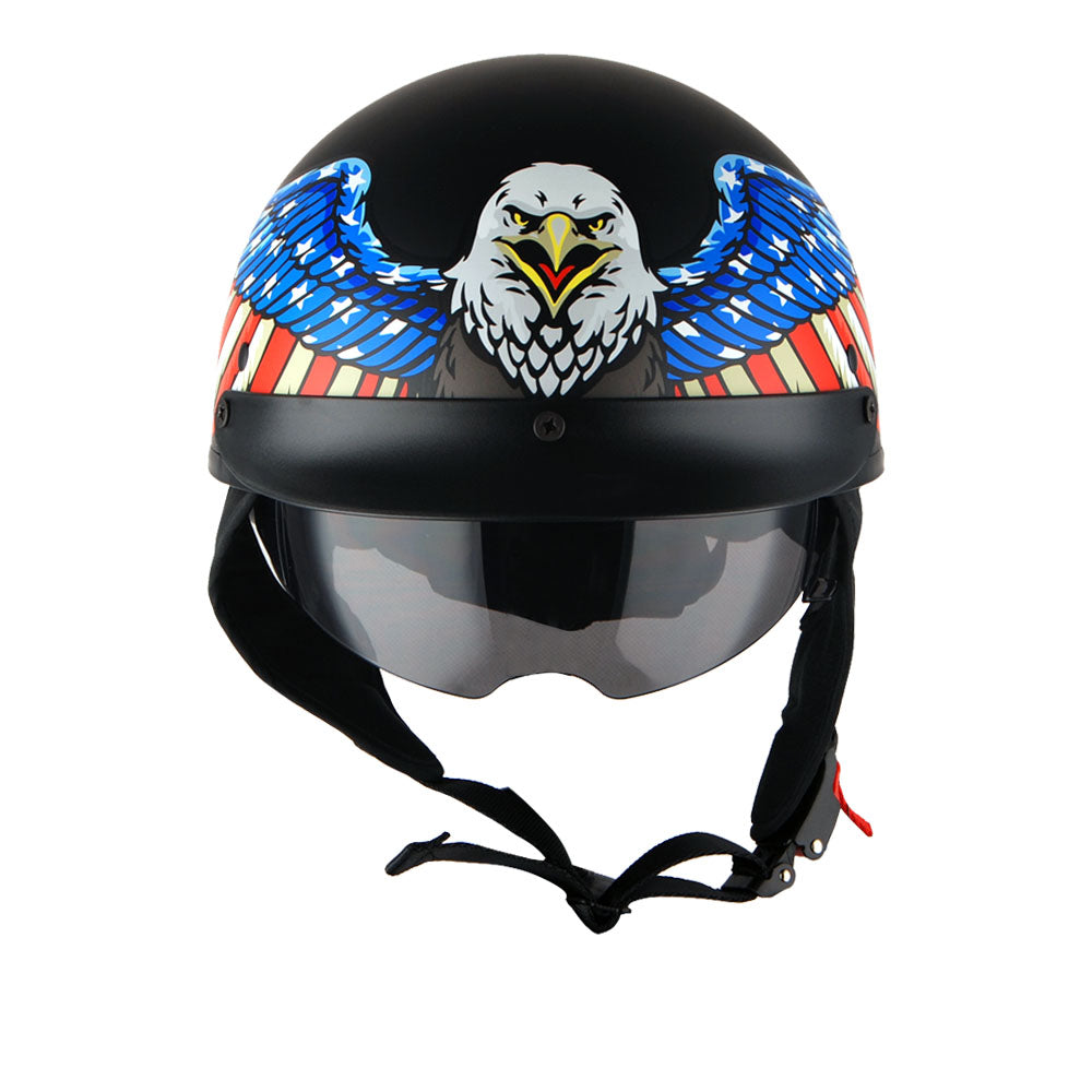 1Storm Motorcycle Half Face Helmet Mopeds Scooter Pilot with retractable Inner Smoked Visor, HKY205V + T008 Black Tinted Goggle Bundle