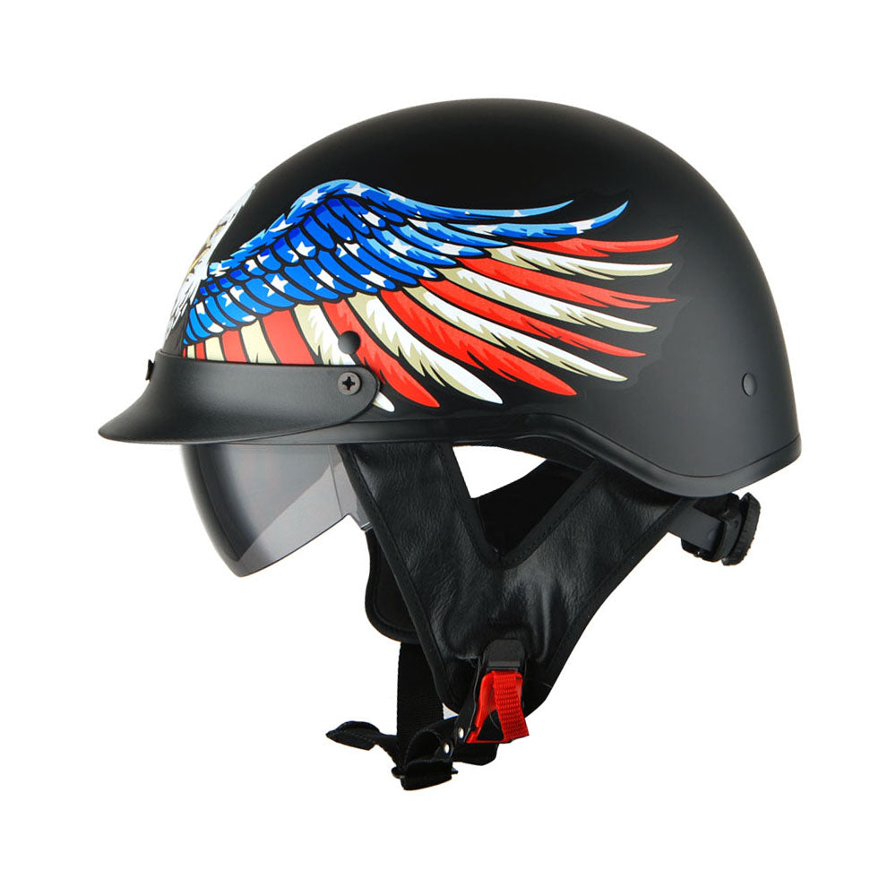 1Storm Motorcycle Half Face Helmet Mopeds Scooter Pilot with retractable Inner Smoked Visor, HKY205V + T008 Black Tinted Goggle Bundle