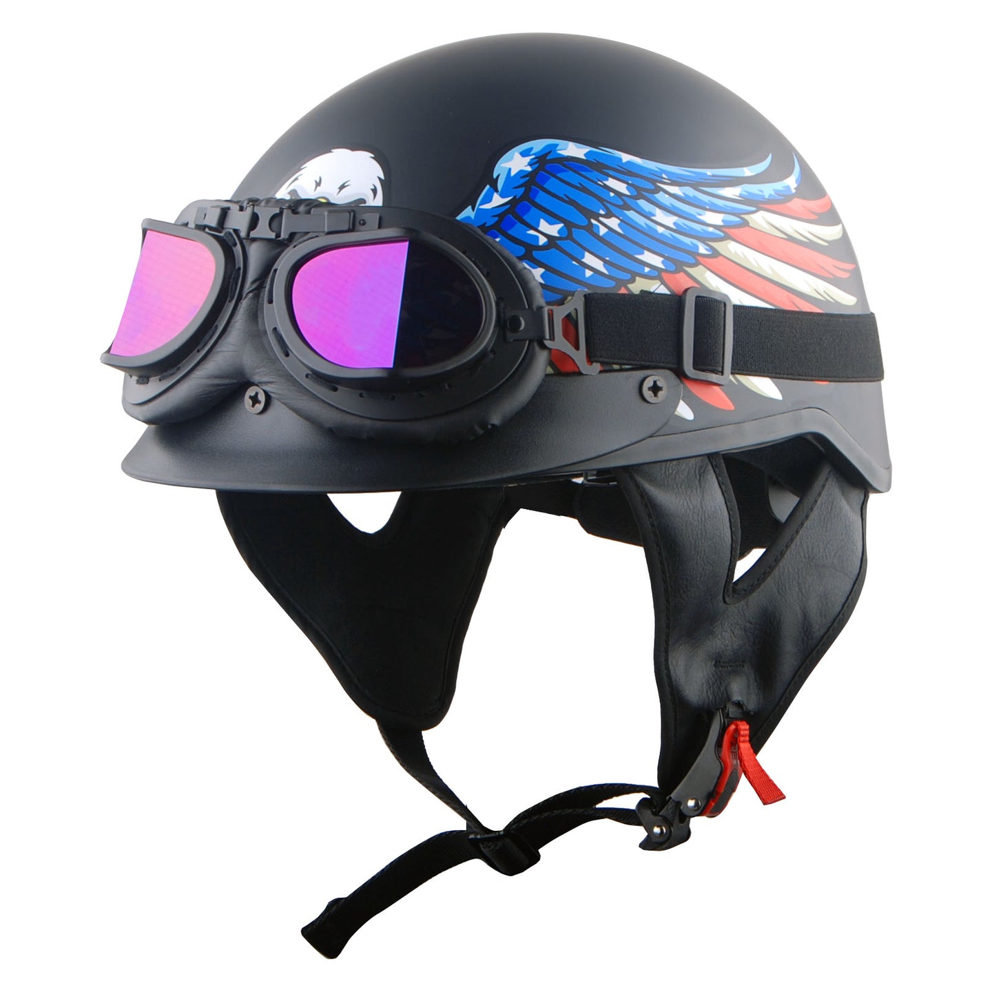 1Storm Motorcycle Half Face Helmet Mopeds Scooter Pilot with retractable Inner Smoked Visor, HKY205V + T008 Black Tinted Goggle Bundle