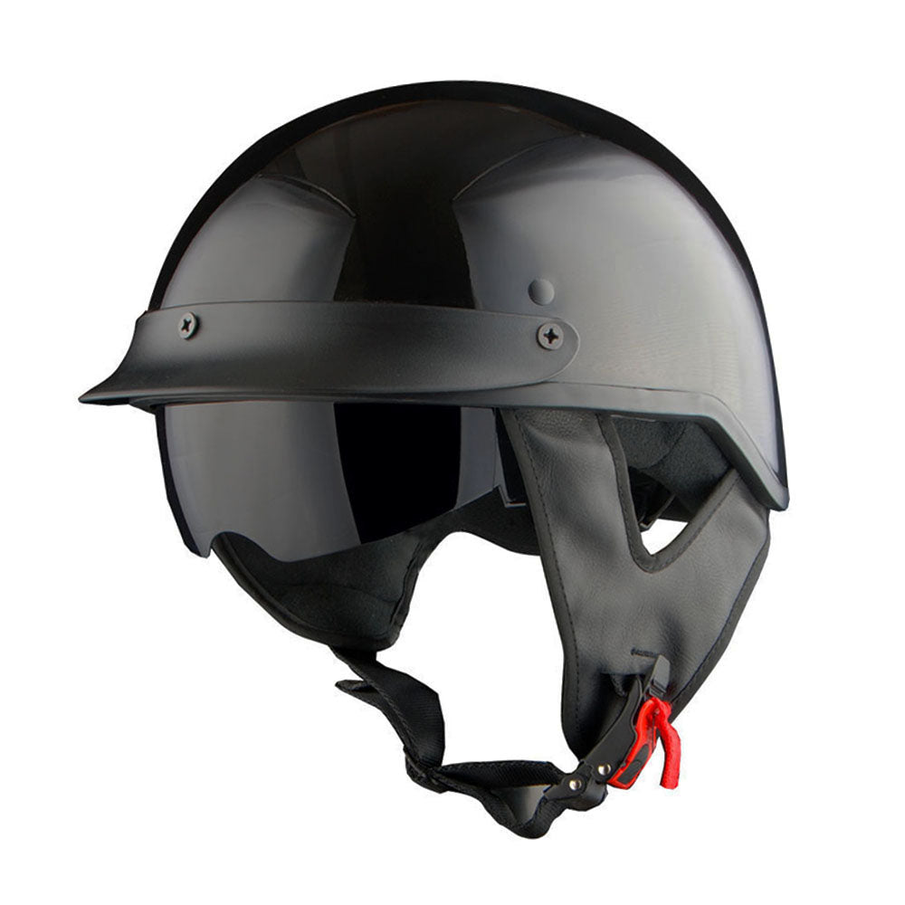 1Storm Motorcycle Half Face Helmet Mopeds Scooter Pilot with retractable Inner Smoked Visor, HKY205V + T008 Black Tinted Goggle Bundle