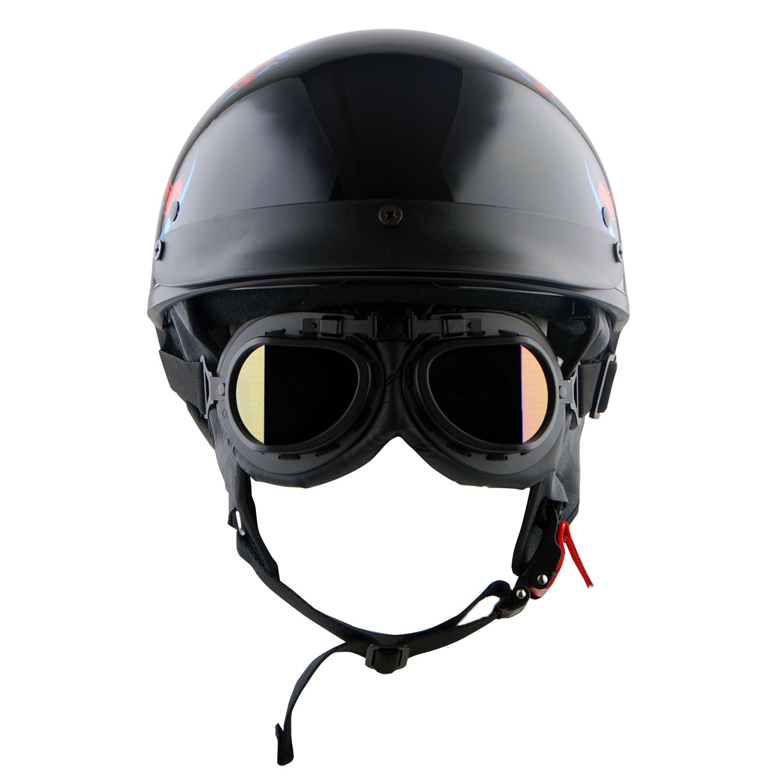 1Storm Motorcycle Half Face Helmet Mopeds Scooter Pilot with retractable Inner Smoked Visor, HKY205V + T008 Black Tinted Goggle Bundle