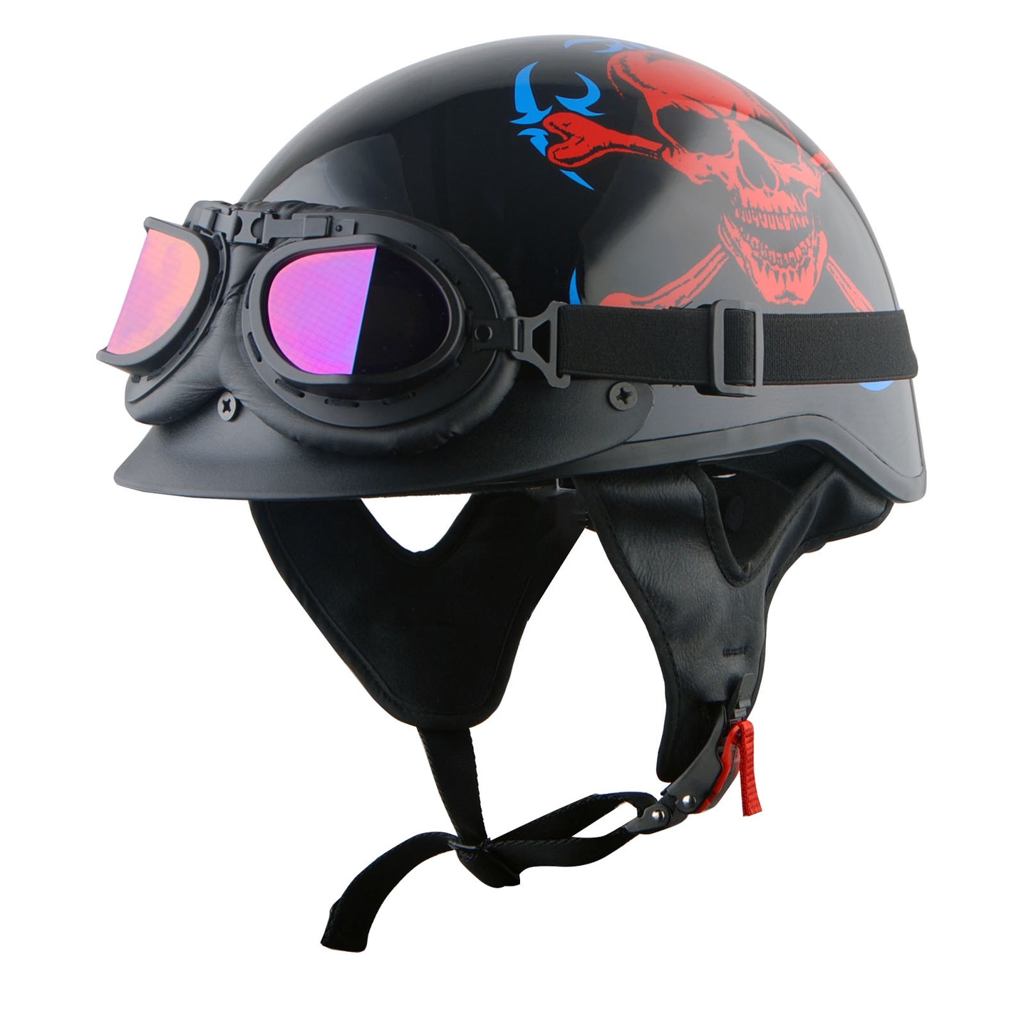 1Storm Motorcycle Half Face Helmet Mopeds Scooter Pilot with retractable Inner Smoked Visor, HKY205V + T008 Black Tinted Goggle Bundle