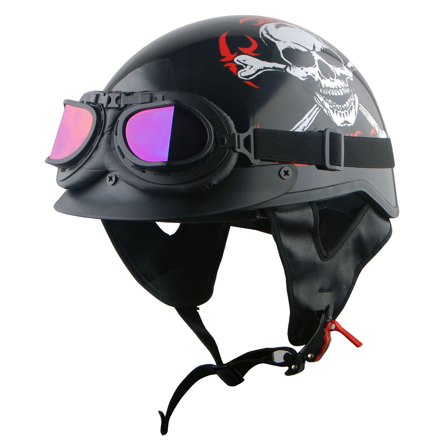 1Storm Motorcycle Half Face Helmet Mopeds Scooter Pilot with retractable Inner Smoked Visor, HKY205V + T008 Black Tinted Goggle Bundle