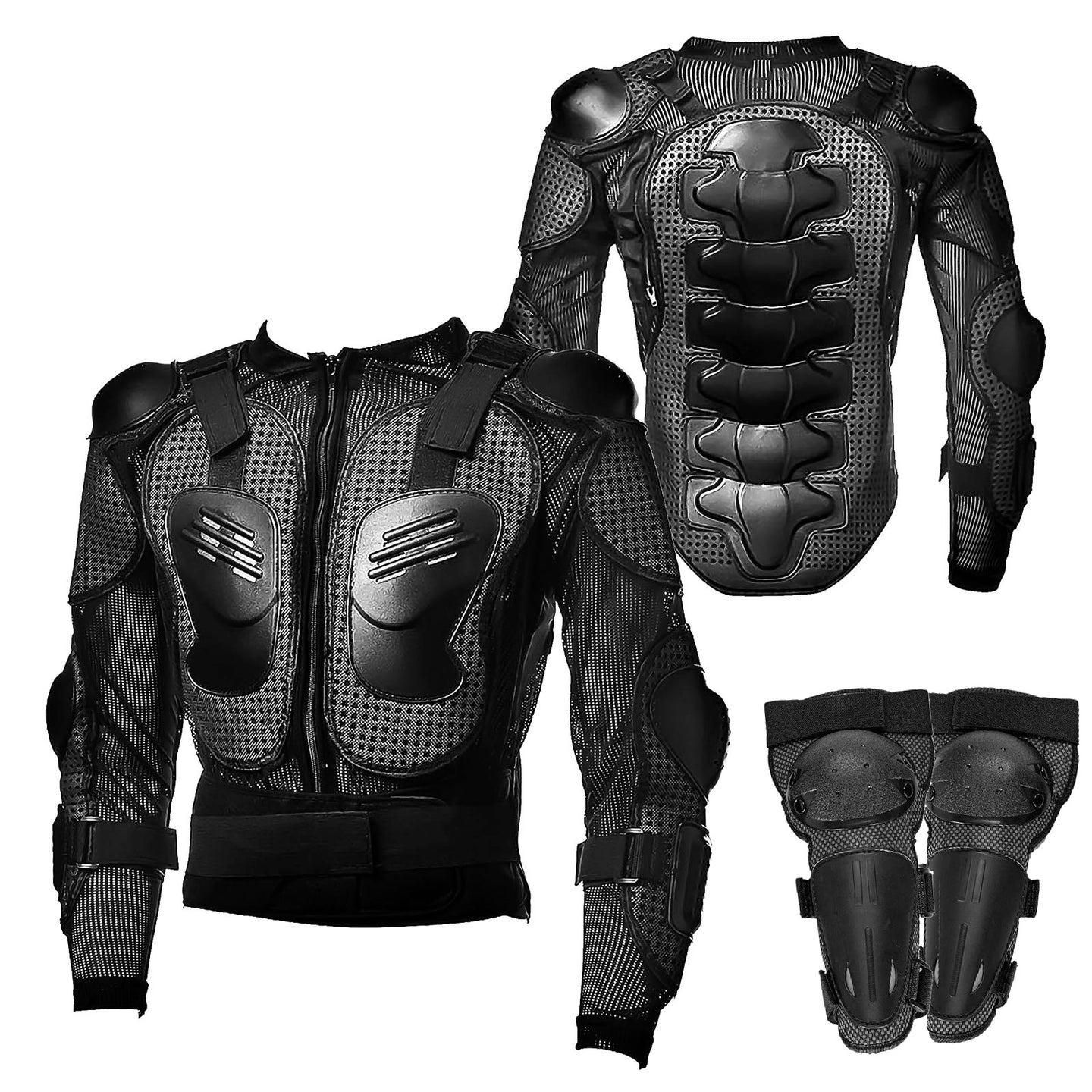 WOW Motorcycle Motocross Bike Guard Protector Youth Kids Body Armor Bundle with Youth Knee Guard Solid Black