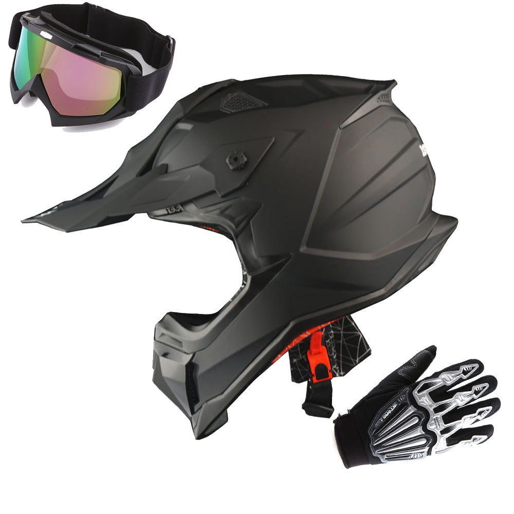 1Storm Adult Motocross HelmetTrack Style JH601 + Goggles + Skeleton Glove Bundle