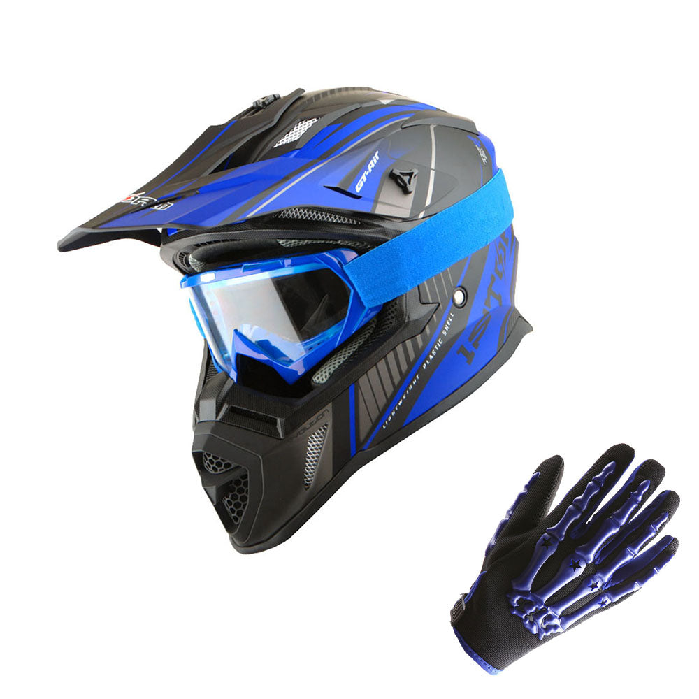 1Storm Adult Motocross Helmet BMX MX ATV Dirt Bike Downhill Mountain Bike Helmet Racing Style H637 + Goggles + Skeleton Glove Bundle