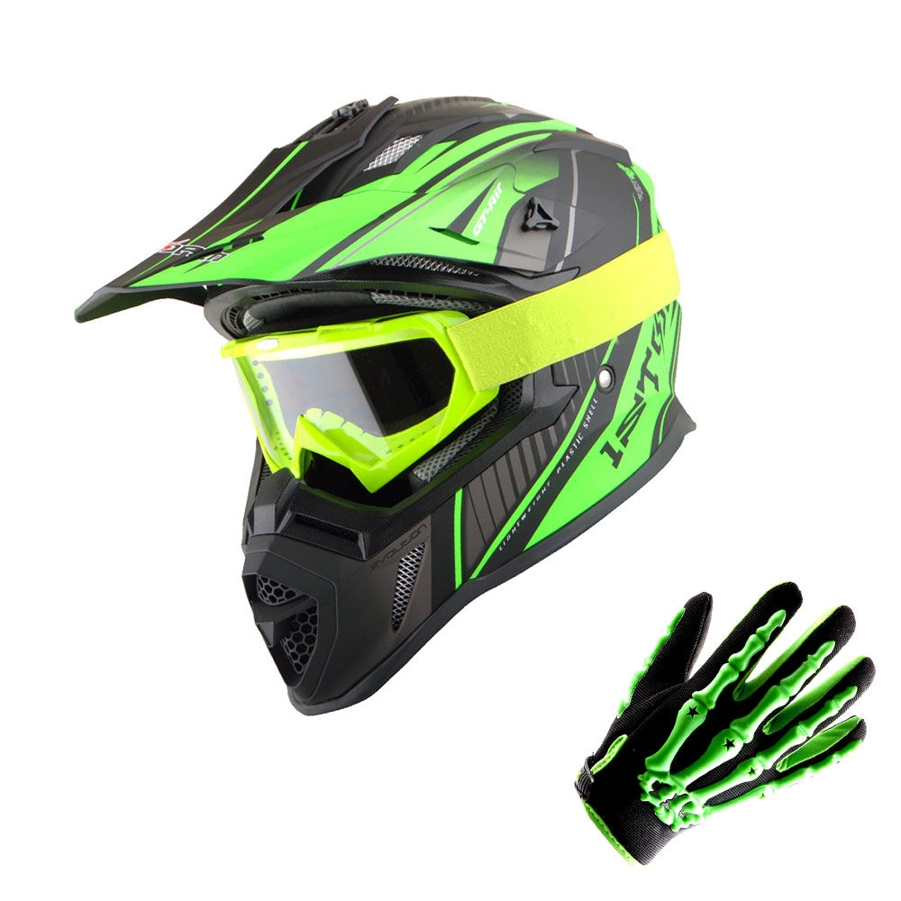 1Storm Adult Motocross Helmet BMX MX ATV Dirt Bike Downhill Mountain Bike Helmet Racing Style H637 + Goggles + Skeleton Glove Bundle