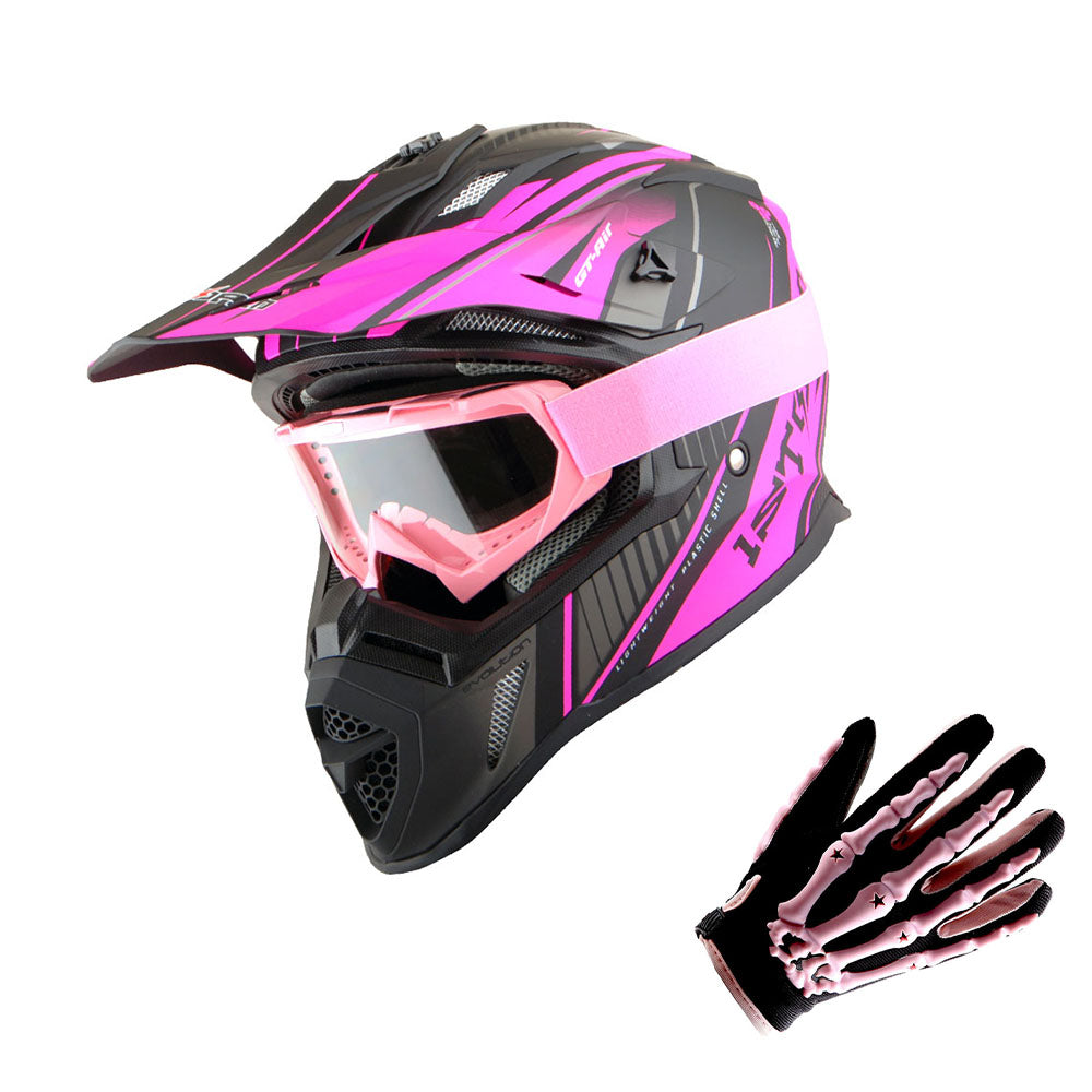 1Storm Adult Motocross Helmet BMX MX ATV Dirt Bike Downhill Mountain Bike Helmet Racing Style H637 + Goggles + Skeleton Glove Bundle