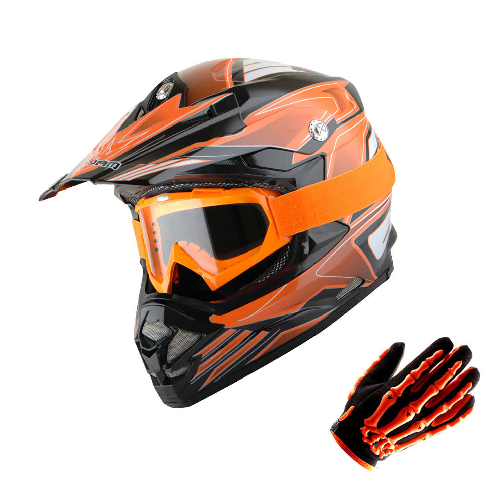 1Storm Adult Motocross Helmet BMX MX ATV Dirt Bike Downhill Mountain Bike Helmet Flying Style H819-5 + Goggles + Skeleton Glove Bundle