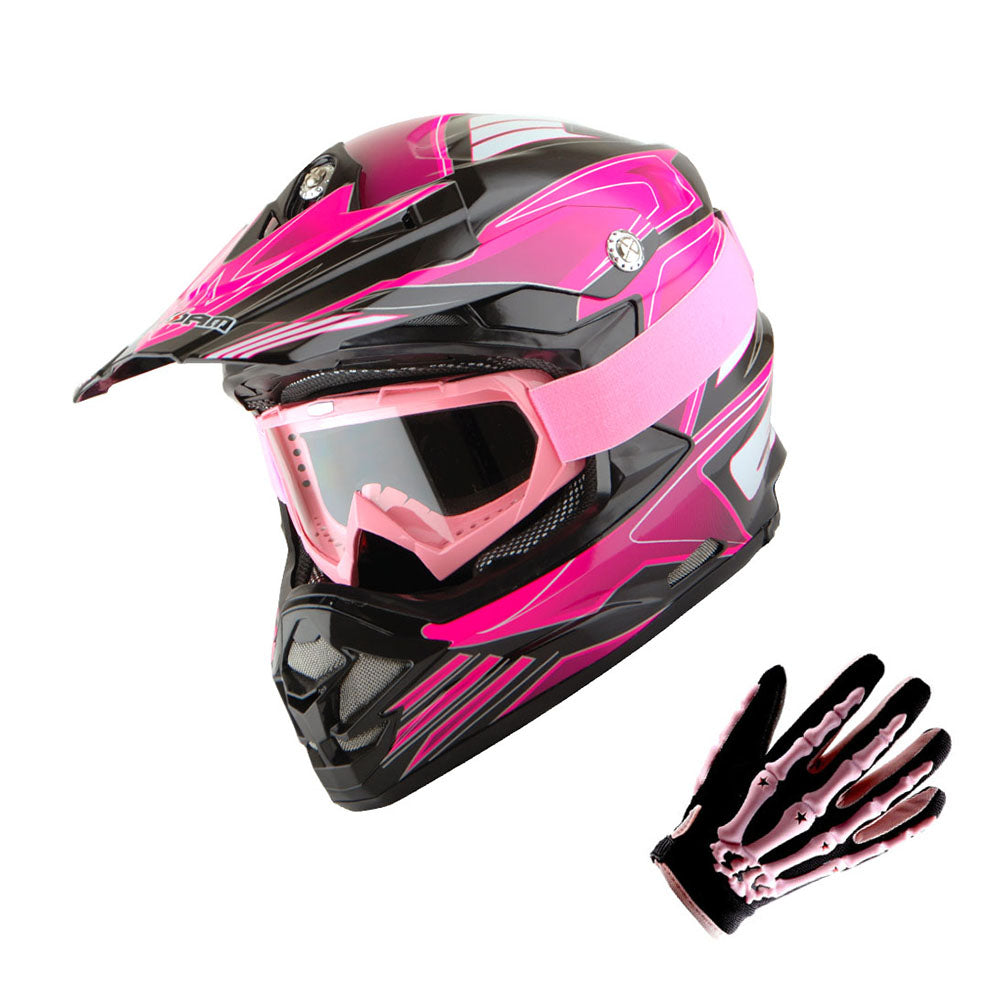 1Storm Adult Motocross Helmet BMX MX ATV Dirt Bike Downhill Mountain Bike Helmet Flying Style H819-5 + Goggles + Skeleton Glove Bundle
