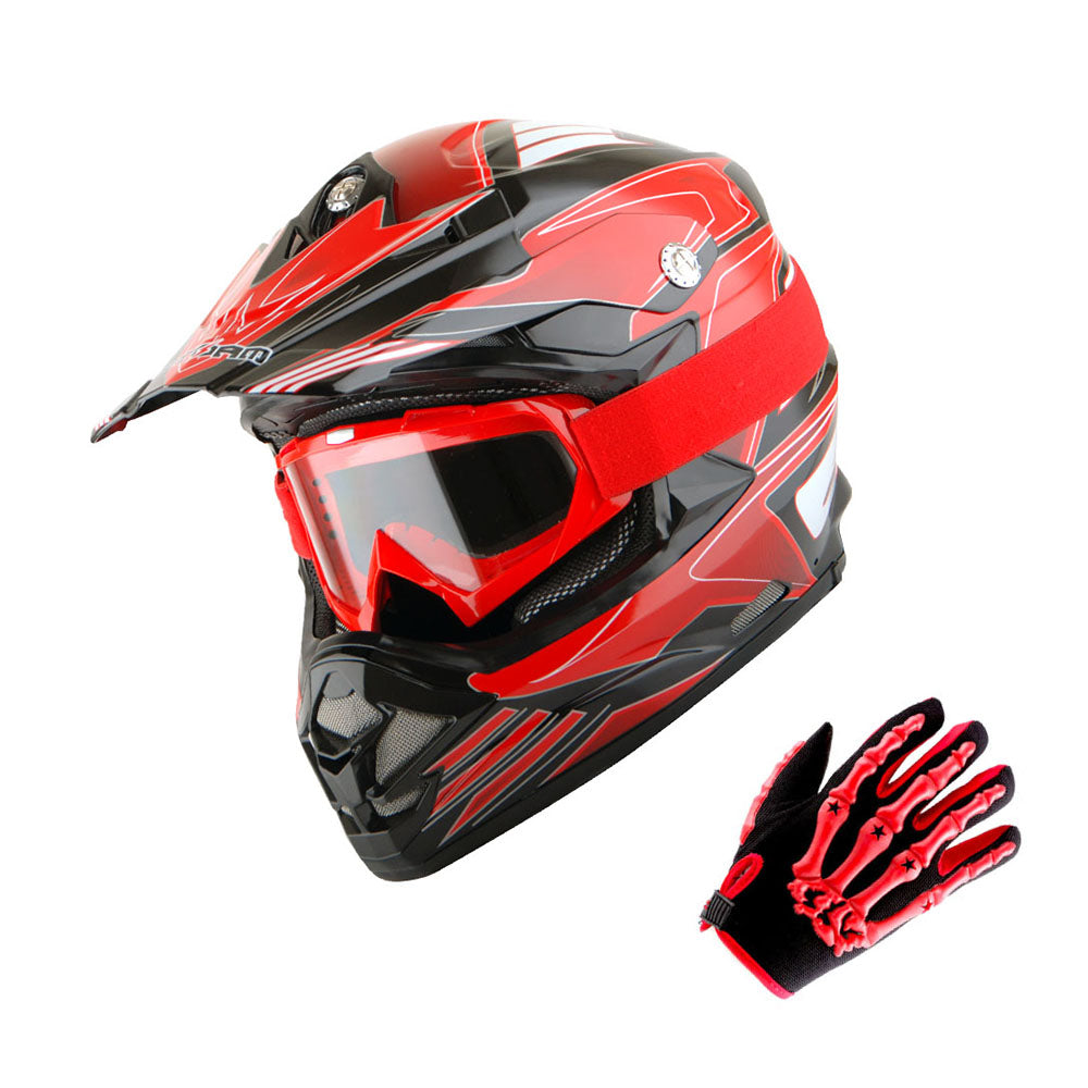 1Storm Adult Motocross Helmet BMX MX ATV Dirt Bike Downhill Mountain Bike Helmet Flying Style H819-5 + Goggles + Skeleton Glove Bundle