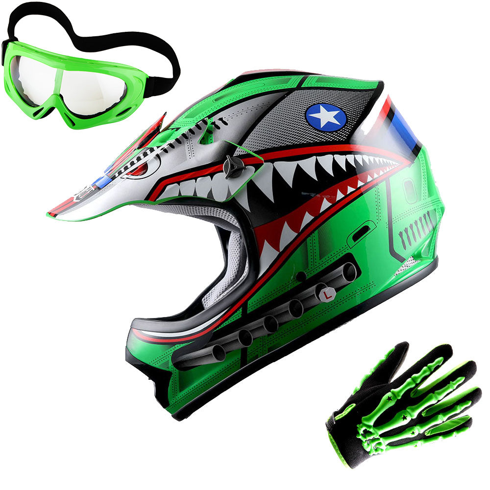 WOW Youth Kids Motocross BMX MX ATV Dirt Bike Helmet Shark + Goggles + Skeleton Glove Bundle: HBOY-K-Shark_Bundle