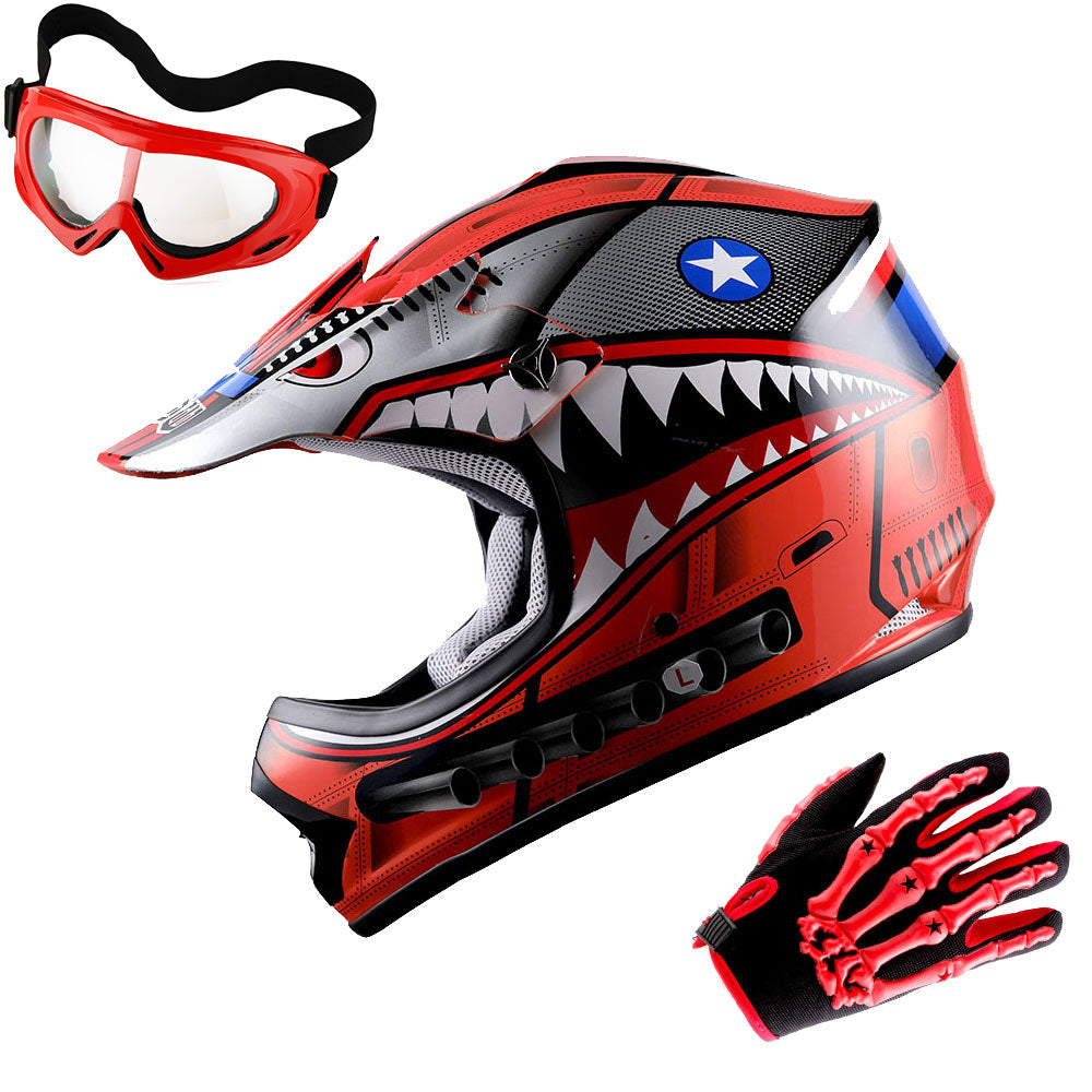 WOW Youth Kids Motocross BMX MX ATV Dirt Bike Helmet Shark + Goggles + Skeleton Glove Bundle: HBOY-K-Shark_Bundle