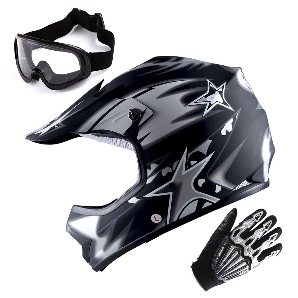 WOW Updated Youth Motocross Helmet Kids Motorcycle Bike Helmet Matt Star + Goggles + Skeleton Glove Bundle: HBOY-K_Star