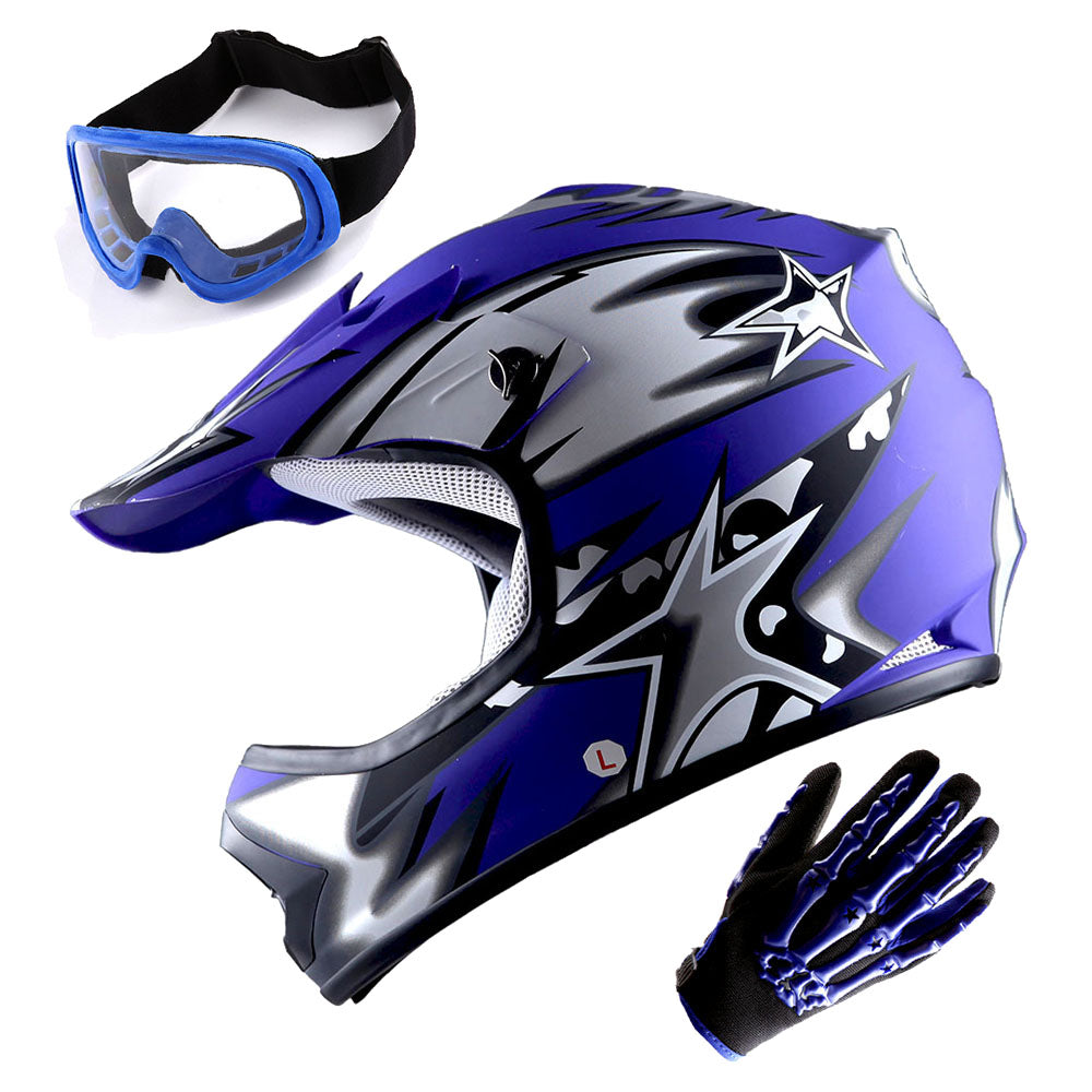 WOW Youth Motocross Helmet BMX MX ATV Dirt Bike Helmet Matt Star + Goggles + Skeleton Glove Bundle: HBOY-K_Star