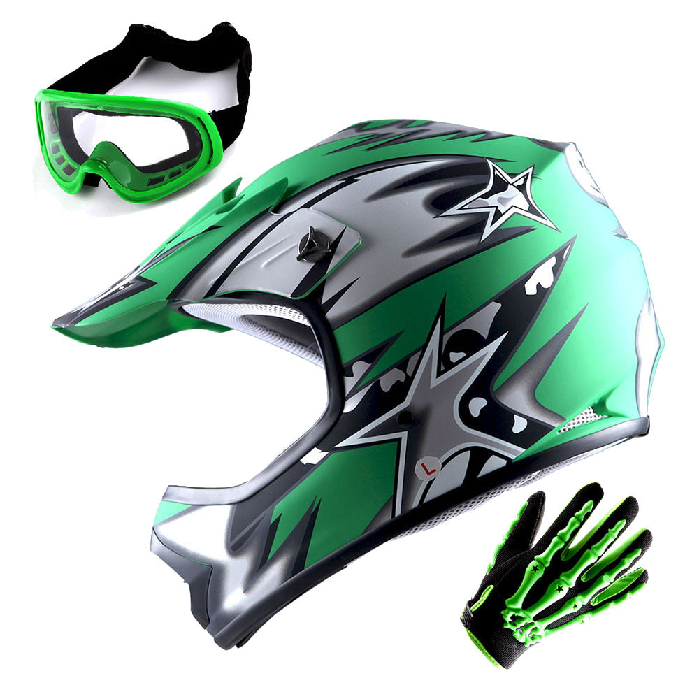 WOW Youth Motocross Helmet BMX MX ATV Dirt Bike Helmet Matt Star + Goggles + Skeleton Glove Bundle: HBOY-K_Star
