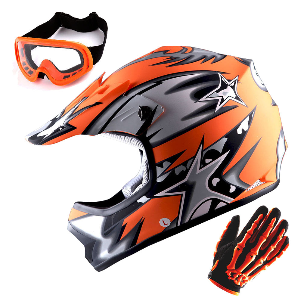 WOW Youth Motocross Helmet BMX MX ATV Dirt Bike Helmet Matt Star + Goggles + Skeleton Glove Bundle: HBOY-K_Star