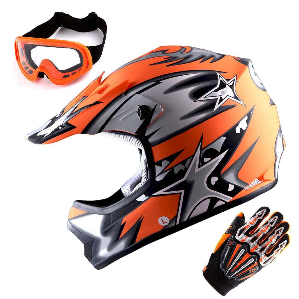 WOW Updated Youth Motocross Helmet Kids Motorcycle Bike Helmet Matt Star + Goggles + Skeleton Glove Bundle: HBOY-K_Star