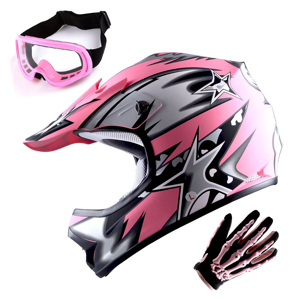 WOW Youth Motocross Helmet BMX MX ATV Dirt Bike Helmet Matt Star + Goggles + Skeleton Glove Bundle: HBOY-K_Star
