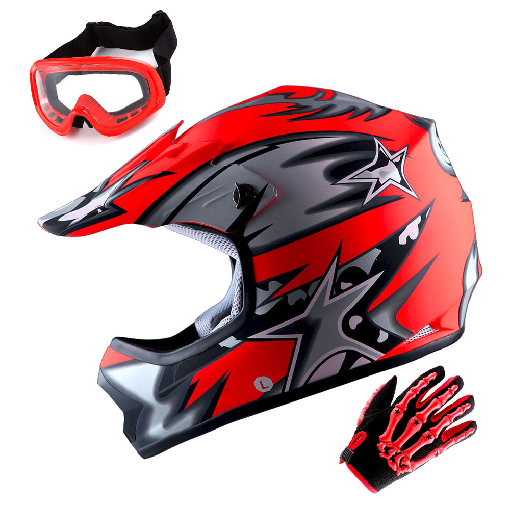 WOW Youth Motocross Helmet BMX MX ATV Dirt Bike Helmet Matt Star + Goggles + Skeleton Glove Bundle: HBOY-K_Star