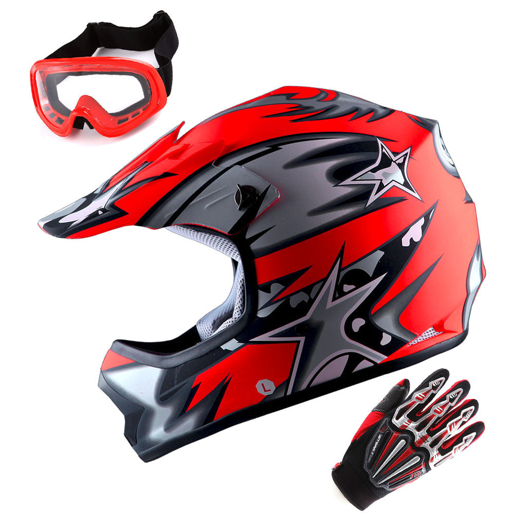 WOW Updated Youth Motocross Helmet Kids Motorcycle Bike Helmet Matt Star + Goggles + Skeleton Glove Bundle: HBOY-K_Star