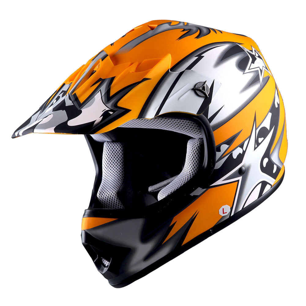 WOW Youth Motocross Helmet BMX MX ATV Dirt Bike Helmet Matt Star + Goggles + Skeleton Glove Bundle: HBOY-K_Star
