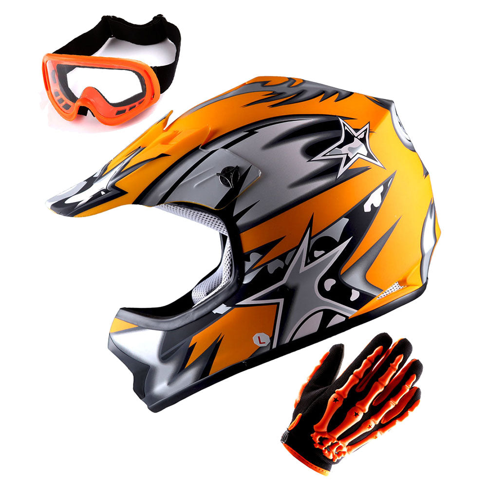 WOW Youth Motocross Helmet BMX MX ATV Dirt Bike Helmet Matt Star + Goggles + Skeleton Glove Bundle: HBOY-K_Star