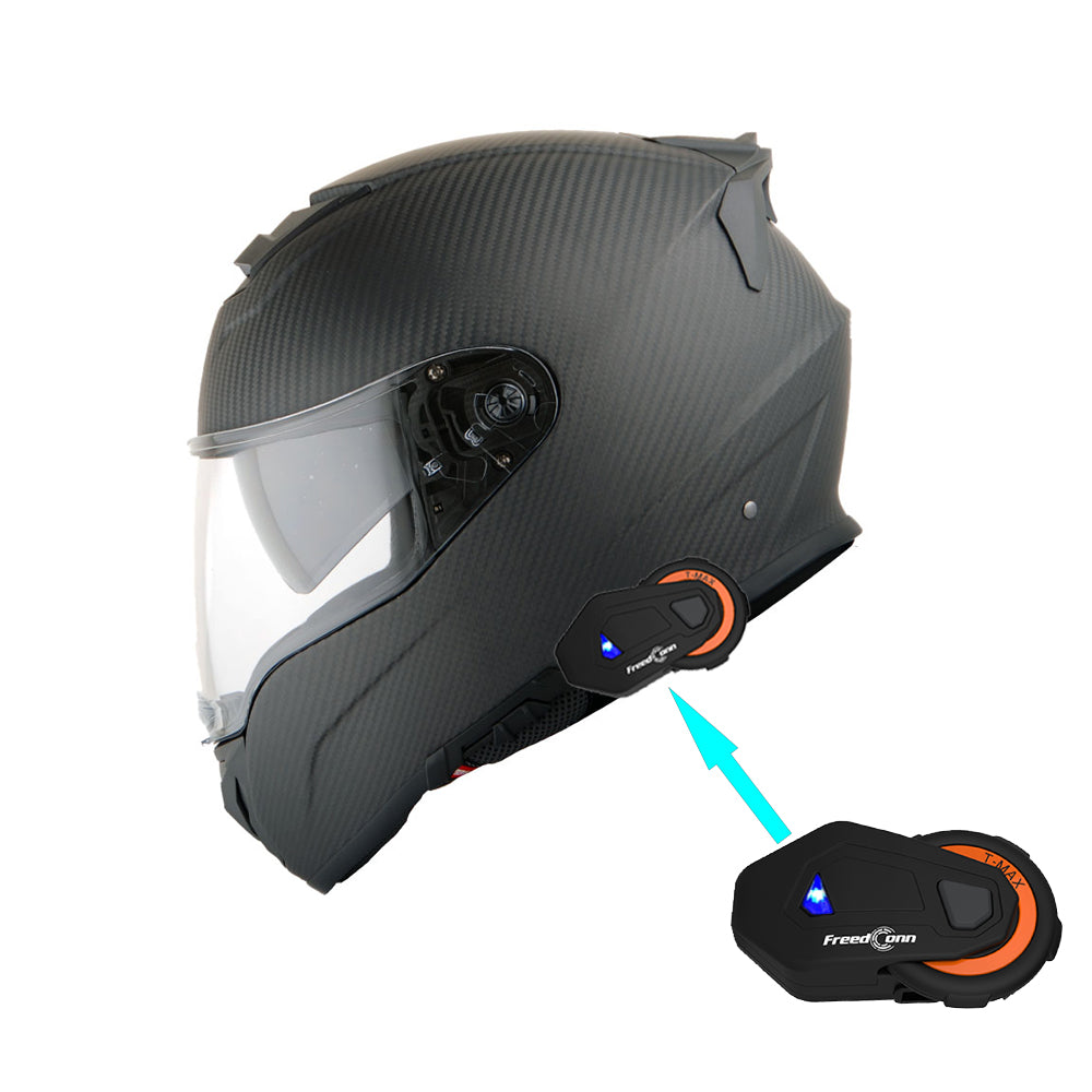 Martian Genuine Real Carbon Fiber Motorcycle Dual Visor Full Face Helmet + Motorcycle Bluetooth Headset: HB-BNF-B7 Matt Carbon Black