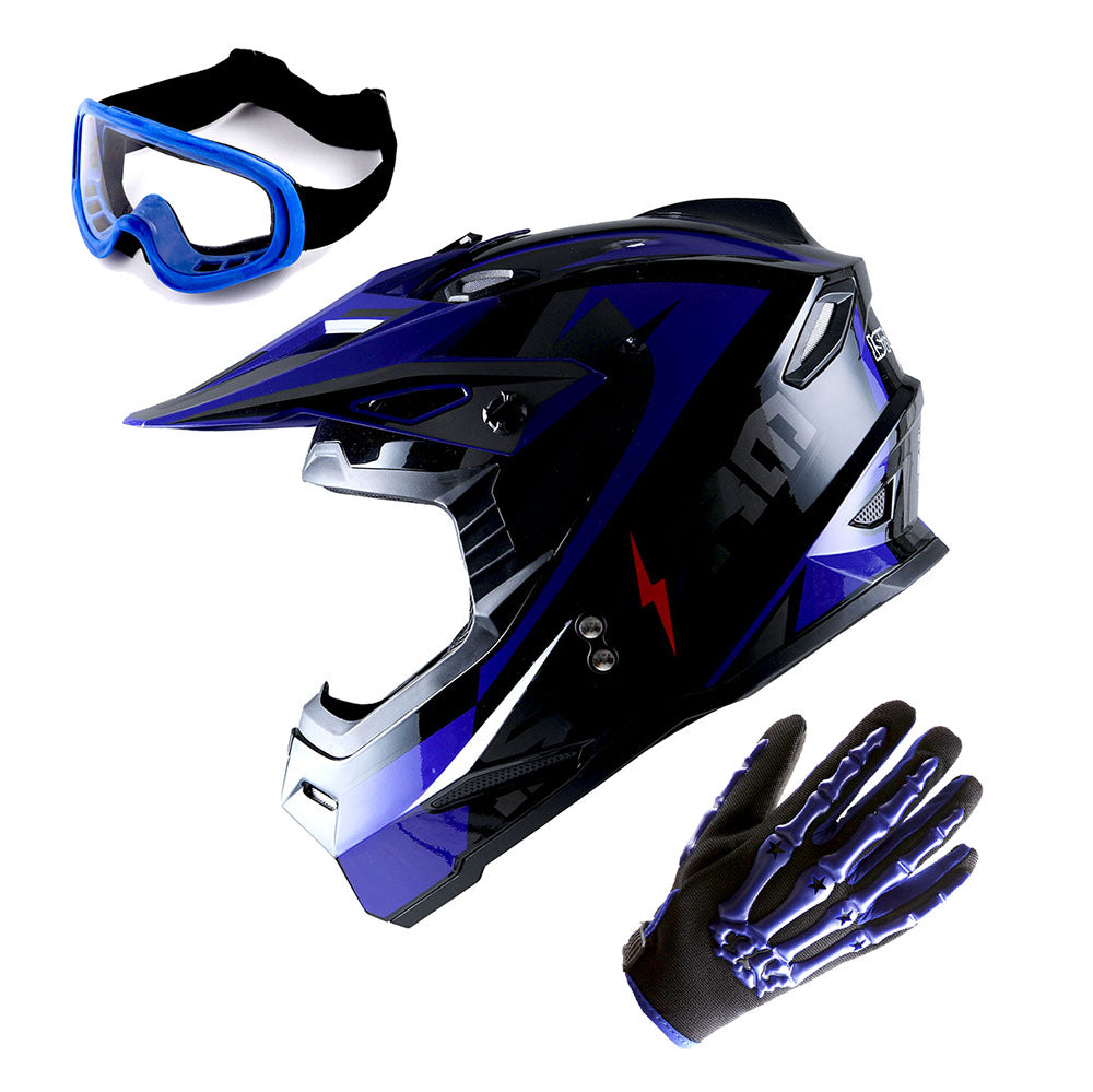 1Storm Youth Motocross Helmet BMX MX Bike Helmet Teenager Racing Style + MX Goggles + MX Skeleton Gloves Bundle: HF801Youth