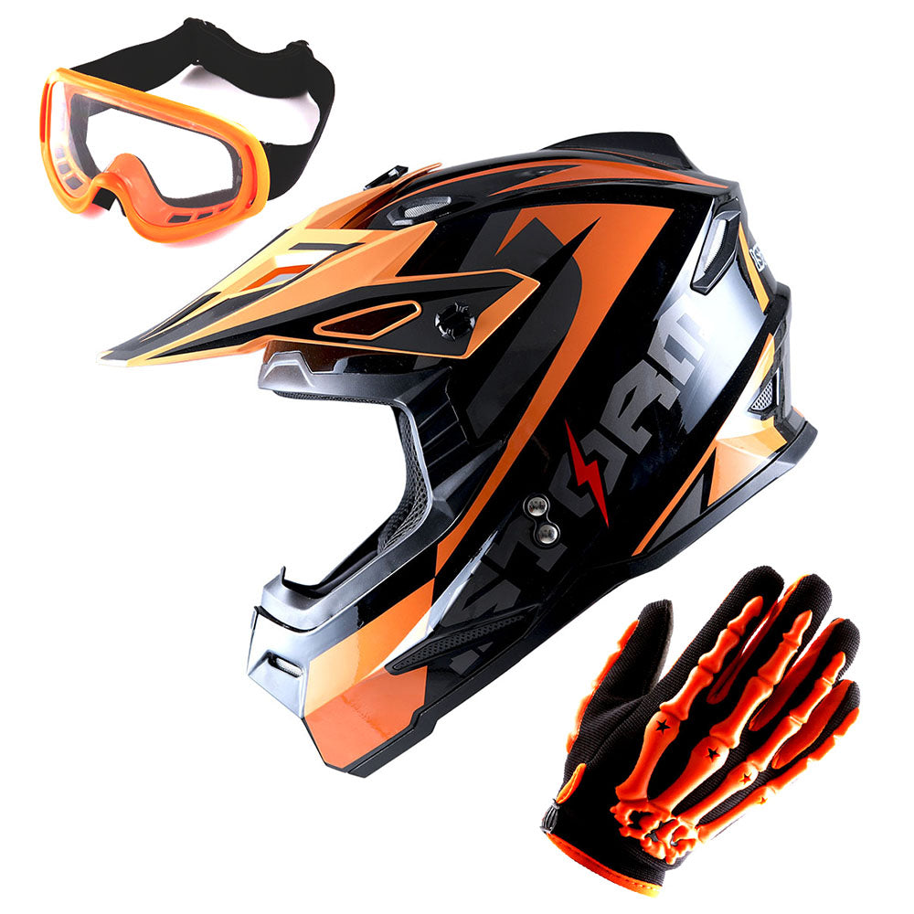 1Storm Youth Motocross Helmet BMX MX Bike Helmet Teenager Racing Style + MX Goggles + MX Skeleton Gloves Bundle: HF801Youth
