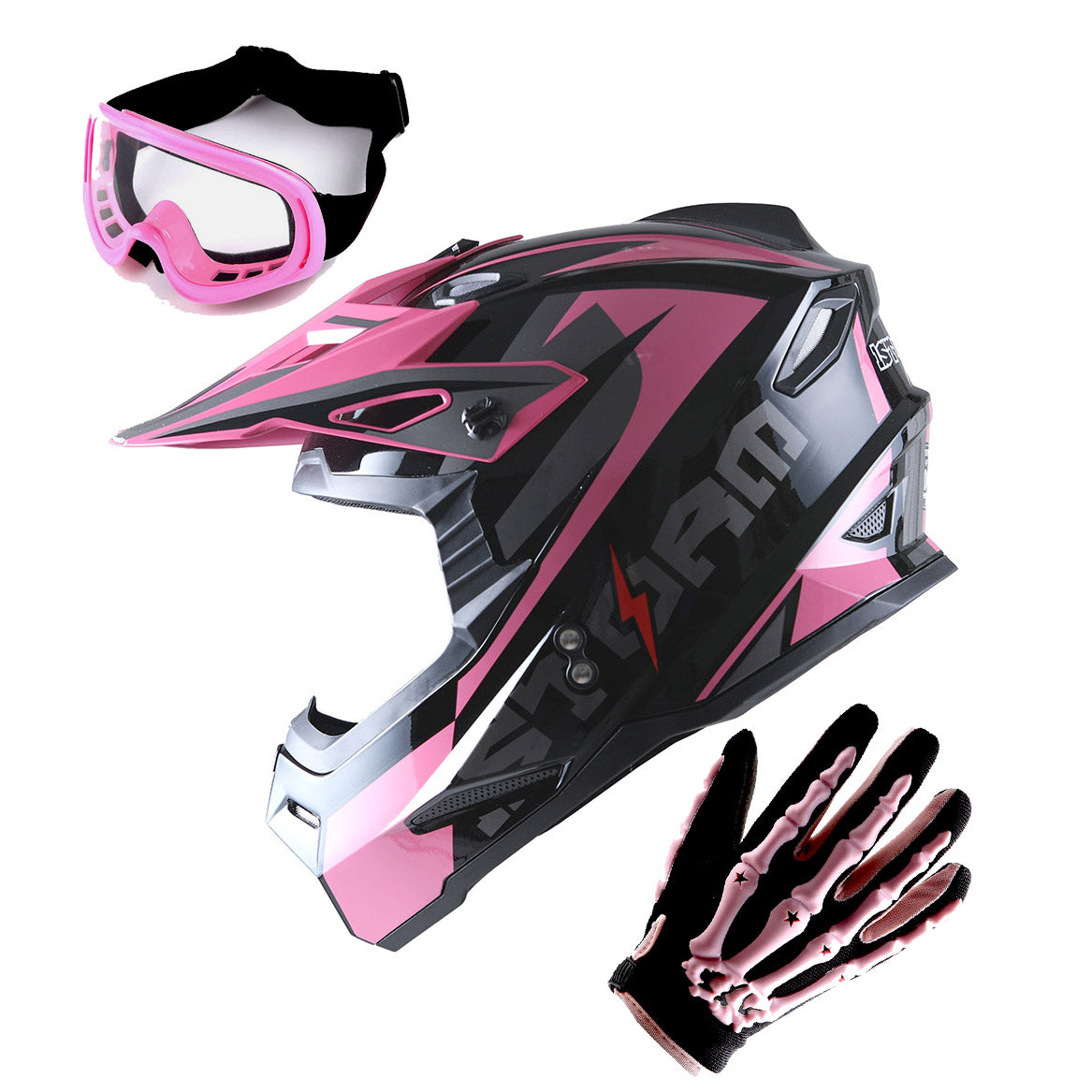 1Storm Youth Motocross Helmet BMX MX Bike Helmet Teenager Racing Style + MX Goggles + MX Skeleton Gloves Bundle: HF801Youth