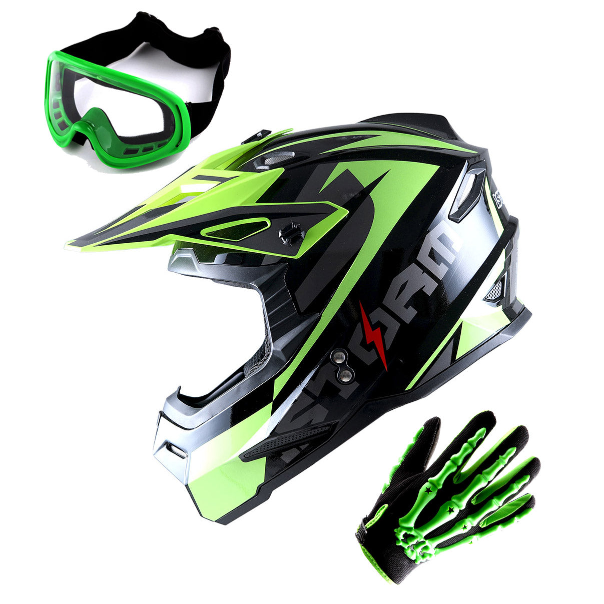 1Storm Youth Motocross Helmet BMX MX Bike Helmet Teenager Racing Style + MX Goggles + MX Skeleton Gloves Bundle: HF801Youth