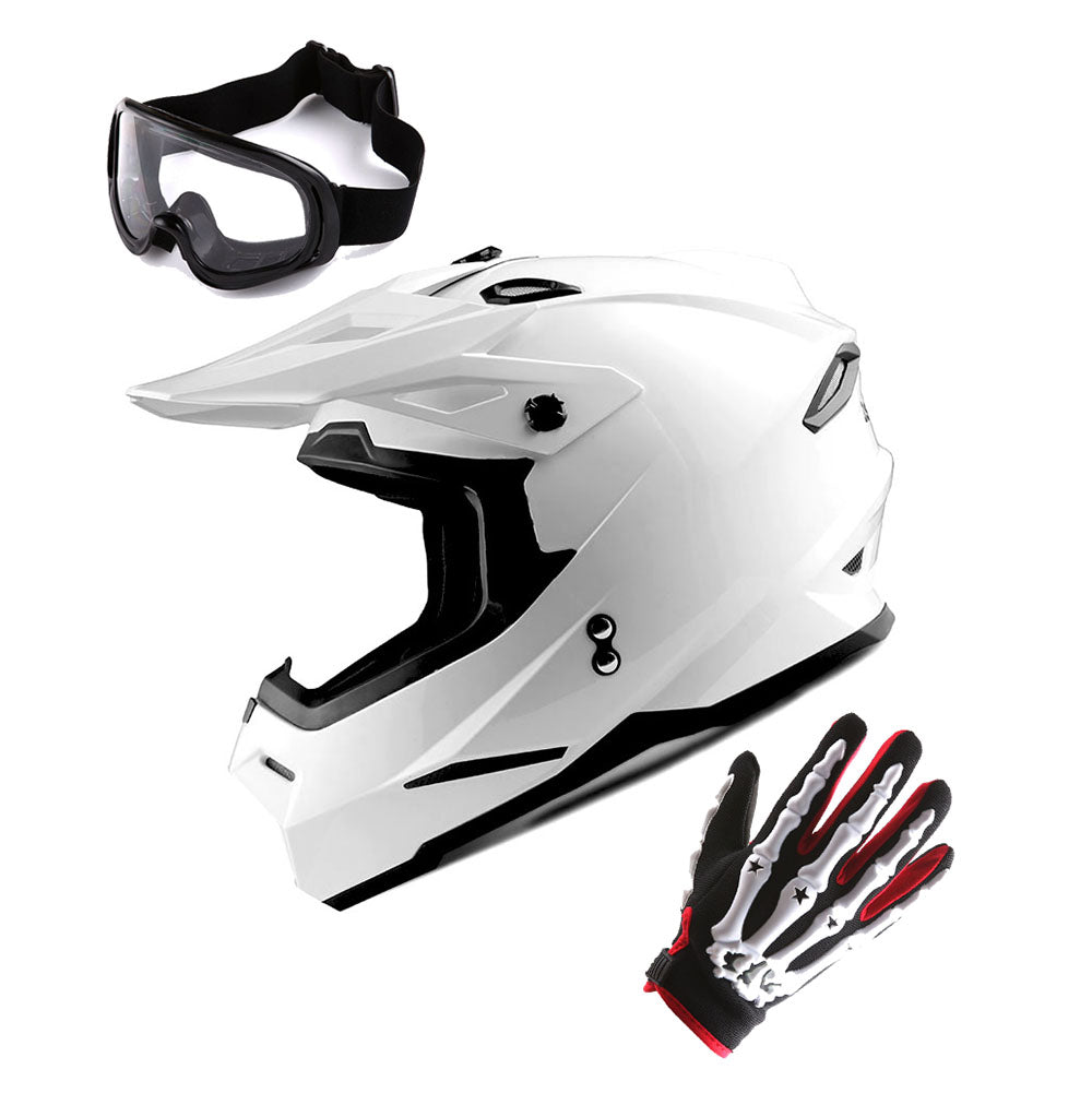 1Storm Youth Motocross Helmet BMX MX Bike Helmet Teenager Racing Style + MX Goggles + MX Skeleton Gloves Bundle: HF801Youth