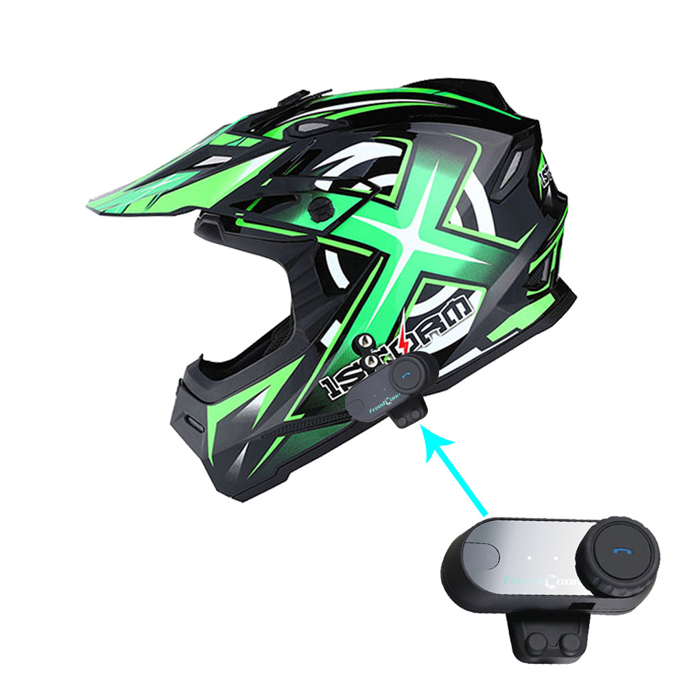 1Storm Adult Motocross Helmet BMX MX ATV Dirt Bike Helmet Racing Style HF801 + Motorcycle Bluetooth Headset