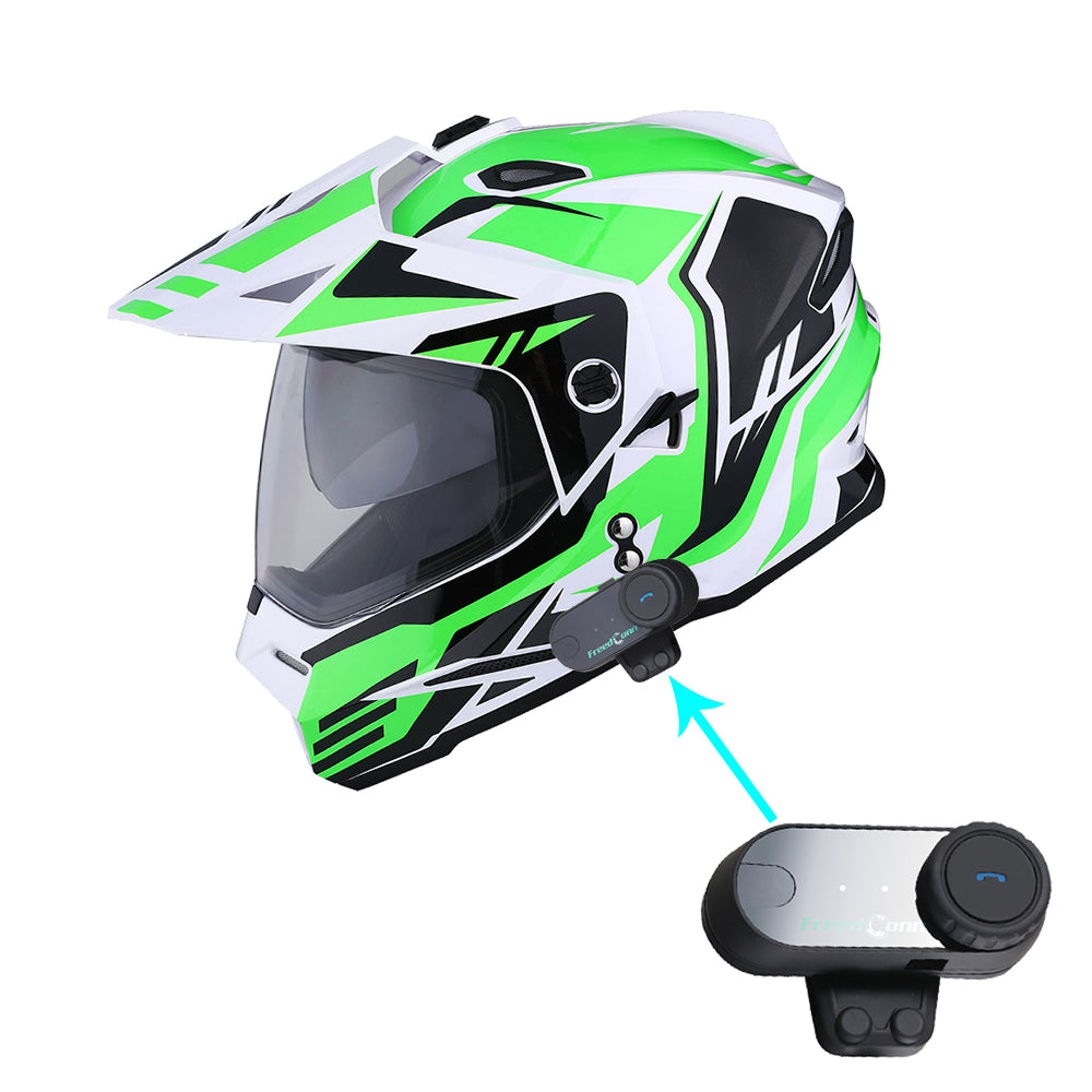 1Storm Dual Sport Motorcycle Motocross Off Road Full Face Helmet Dual Visor HF802 + Motorcycle Bluetooth Headset Z Bluetooth Storm Force Black / S( 53