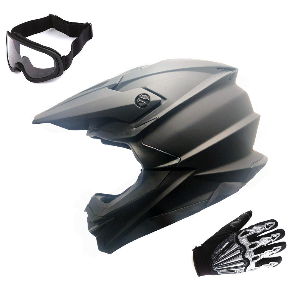 1Storm Motocross Adult Helmet Downhill Mountain Bike Helmet BMX MX ATV Dirt Bike Storm Style HF803 + Goggles + Skeleton Glove Bundle