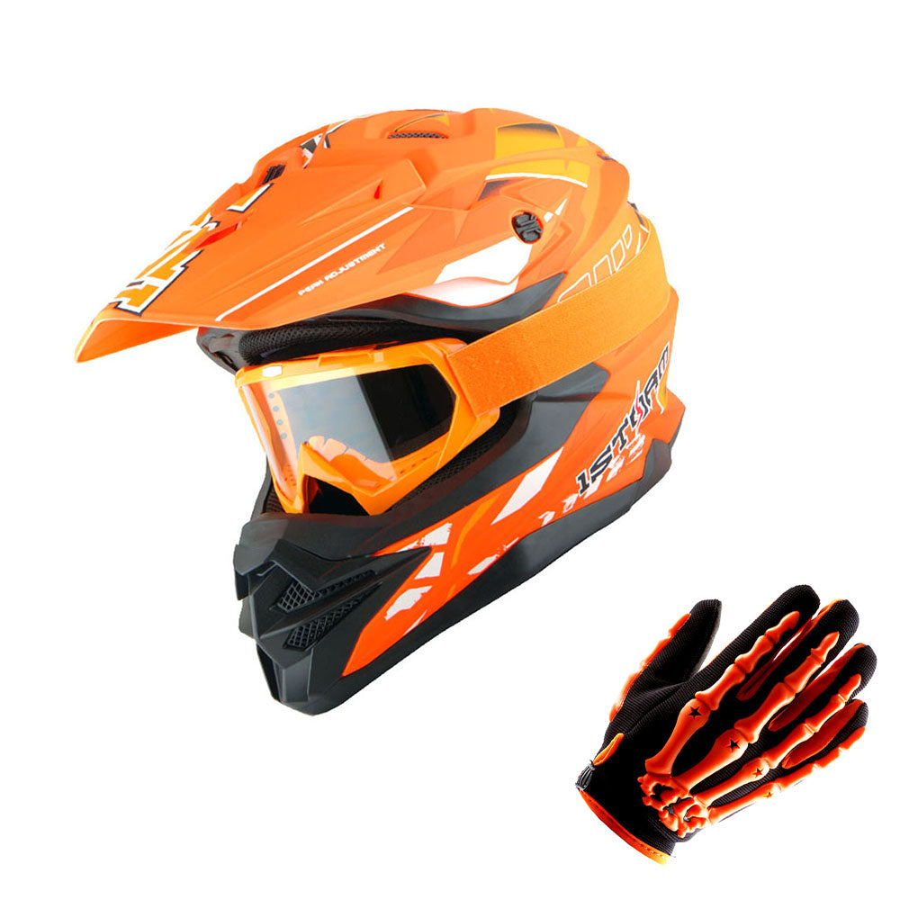1Storm Motocross Adult Helmet Downhill Mountain Bike Helmet BMX MX ATV Dirt Bike Storm Style HF803 + Goggles + Skeleton Glove Bundle