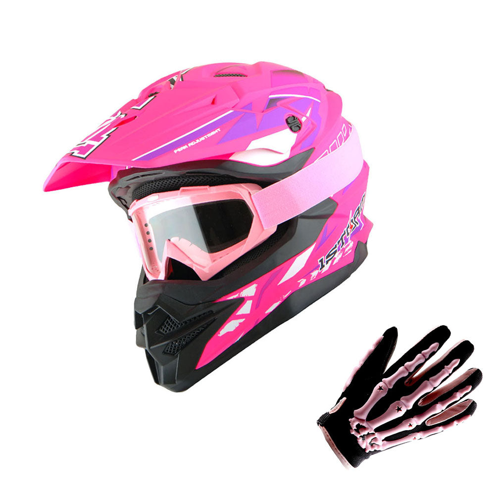 1Storm Motocross Adult Helmet Downhill Mountain Bike Helmet BMX MX ATV Dirt Bike Storm Style HF803 + Goggles + Skeleton Glove Bundle
