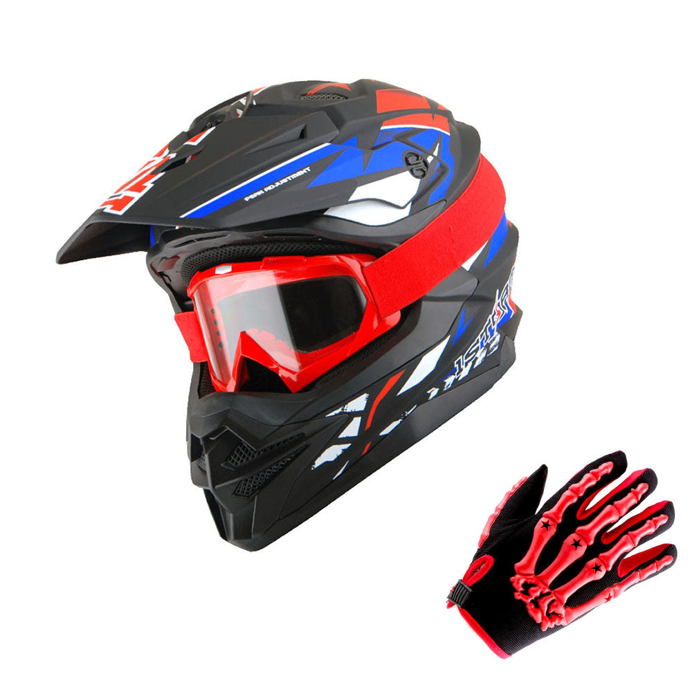 1Storm Motocross Adult Helmet Downhill Mountain Bike Helmet BMX MX ATV Dirt Bike Storm Style HF803 + Goggles + Skeleton Glove Bundle