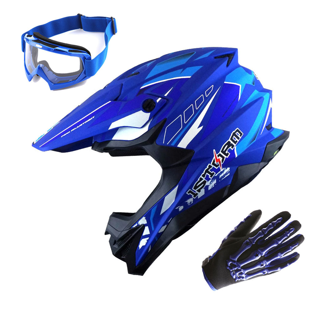 1Storm Motocross Adult Helmet Downhill Mountain Bike Helmet BMX MX ATV Dirt Bike Storm Style HF803 + Goggles + Skeleton Glove Bundle