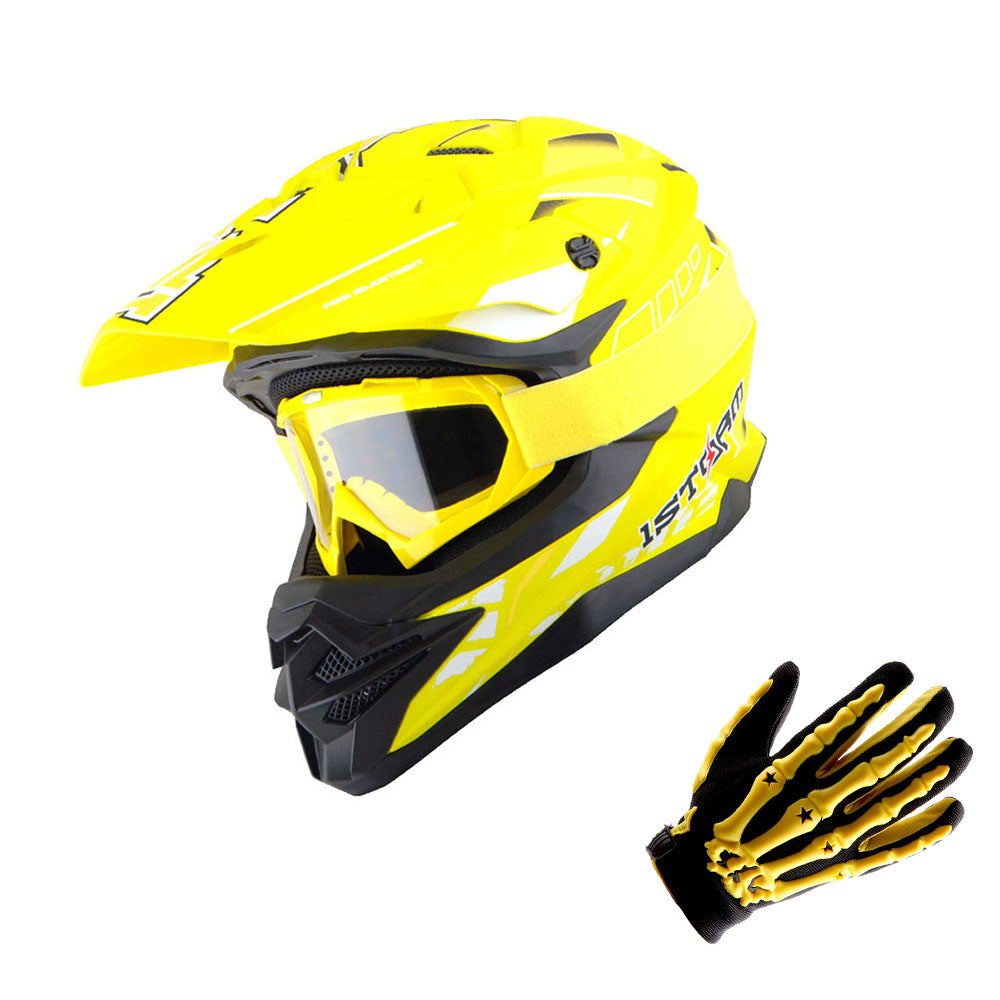 1Storm Motocross Adult Helmet Downhill Mountain Bike Helmet BMX MX ATV Dirt Bike Storm Style HF803 + Goggles + Skeleton Glove Bundle