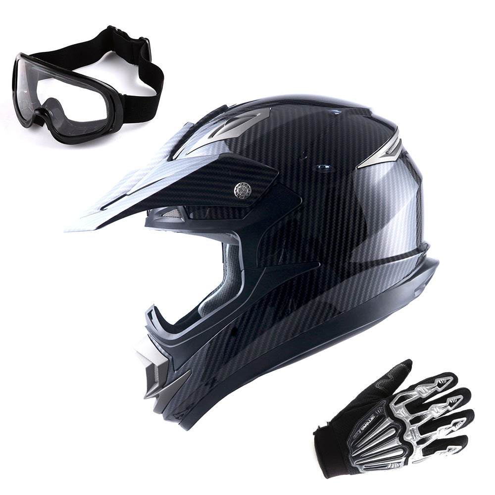1Storm Adult Motocross Helmet Off Road MX BMX ATV Dirt Bike HGXP14B Mechanic + Goggles + Skeleton Glove Bundle