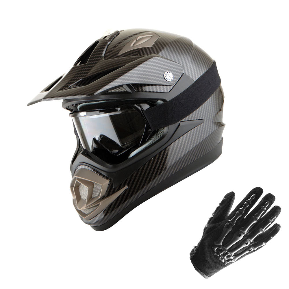 1Storm Adult Motocross Helmet Off Road MX BMX ATV Dirt Bike HGXP14B Mechanic + Goggles + Skeleton Glove Bundle
