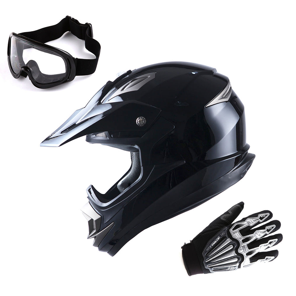 1Storm Adult Motocross Helmet Off Road MX BMX ATV Dirt Bike HGXP14B Mechanic + Goggles + Skeleton Glove Bundle