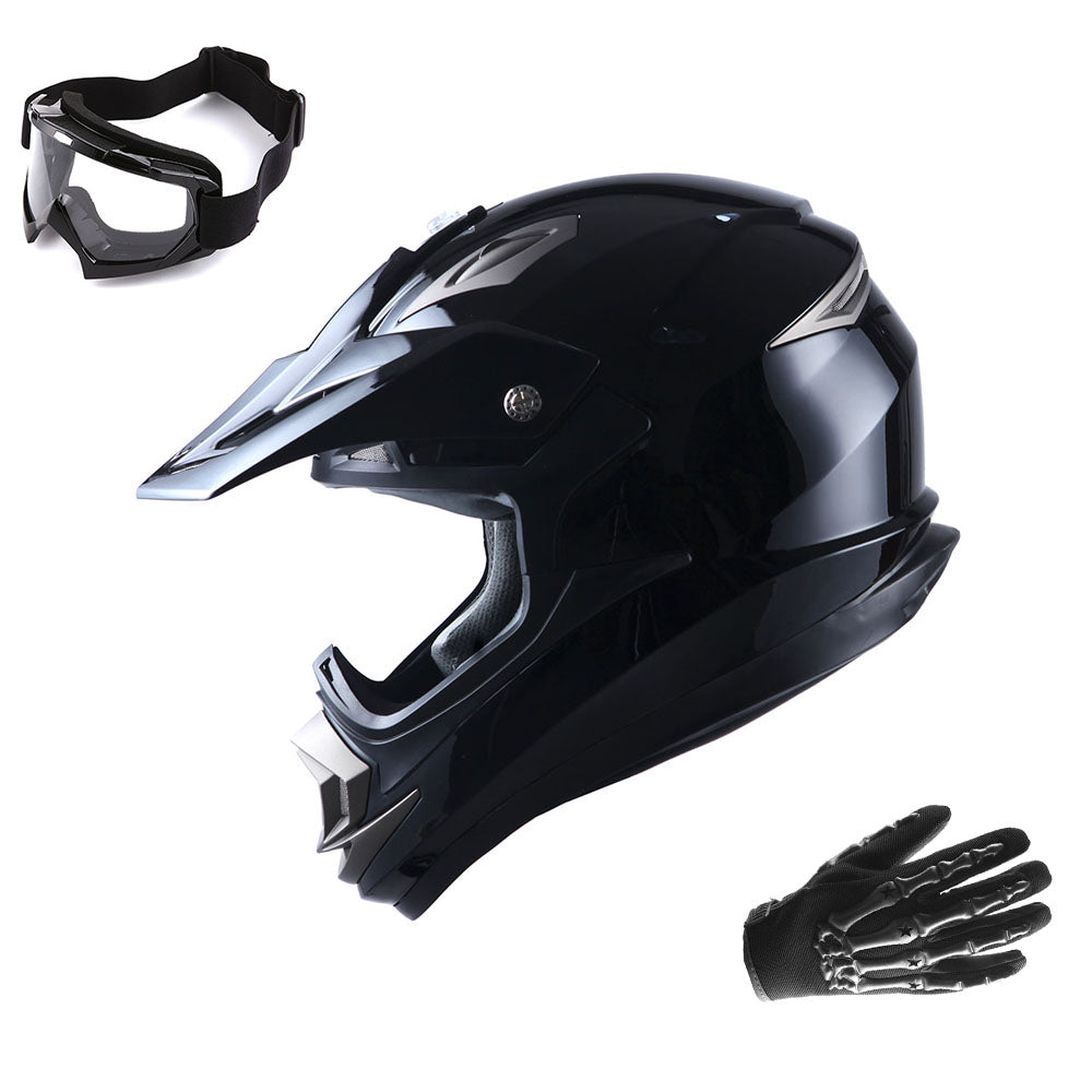 1Storm Adult Motocross Helmet Off Road MX BMX ATV Dirt Bike HGXP14B Mechanic + Goggles + Skeleton Glove Bundle